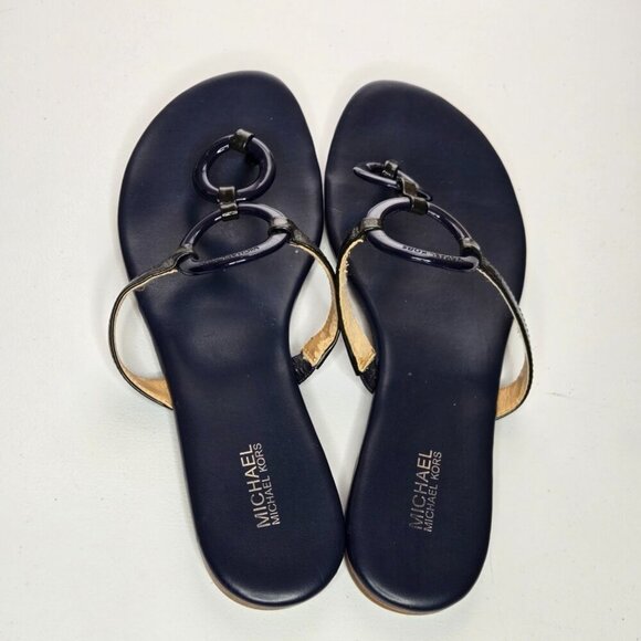 Michael Kors Claudia Navy Blue Patent Leather Flat Thong Sandals Sz 8 PW16A - Picture 3 of 7